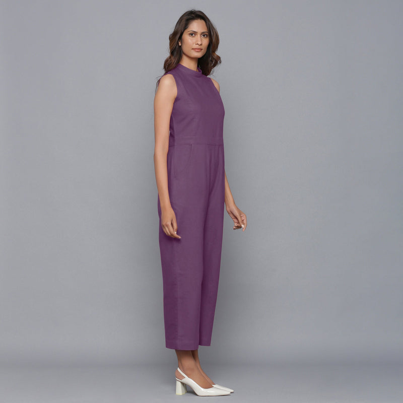 Right View of a Model wearing Purple Flannel Sleeveless Jumpsuit