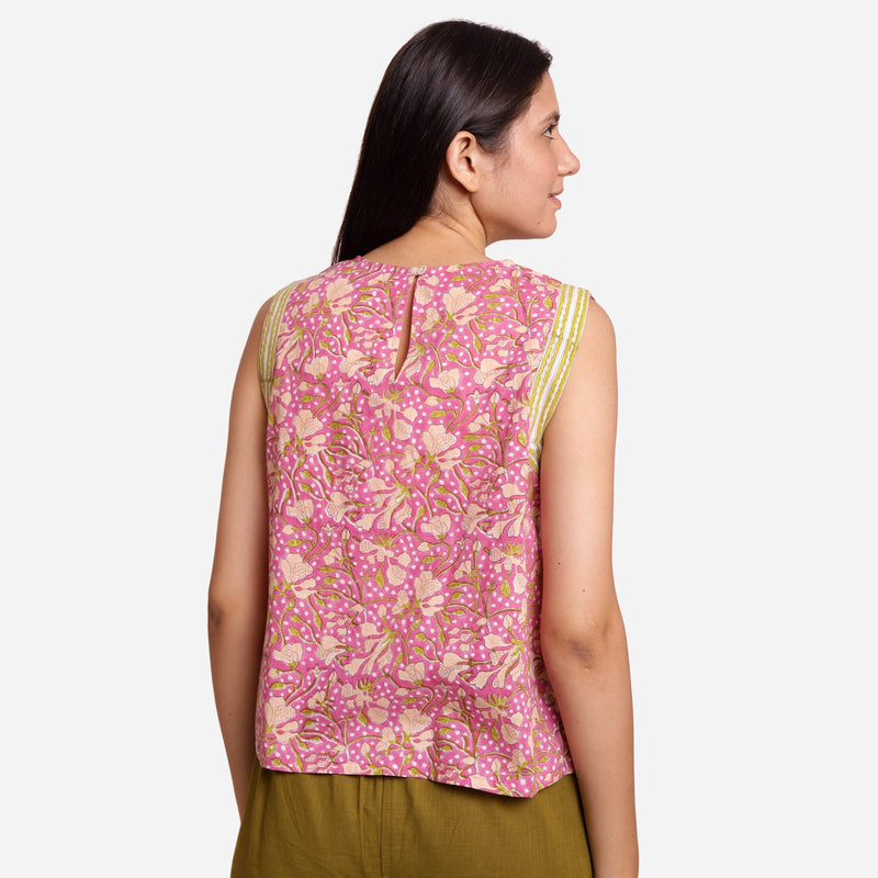 Back View of a Model wearing Purple Floral Block Print Short Cotton Top