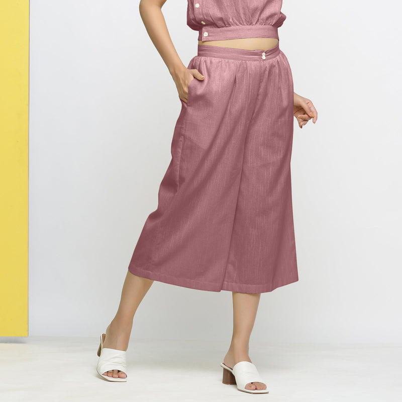 Right View of a Model wearing Purple Yarn-Dyed 100% Cotton Flared Culottes