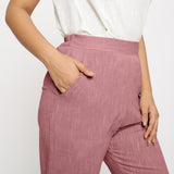 Front Detail of a Model wearing Purple Yarn Dyed Mid Rise Tapered Pant