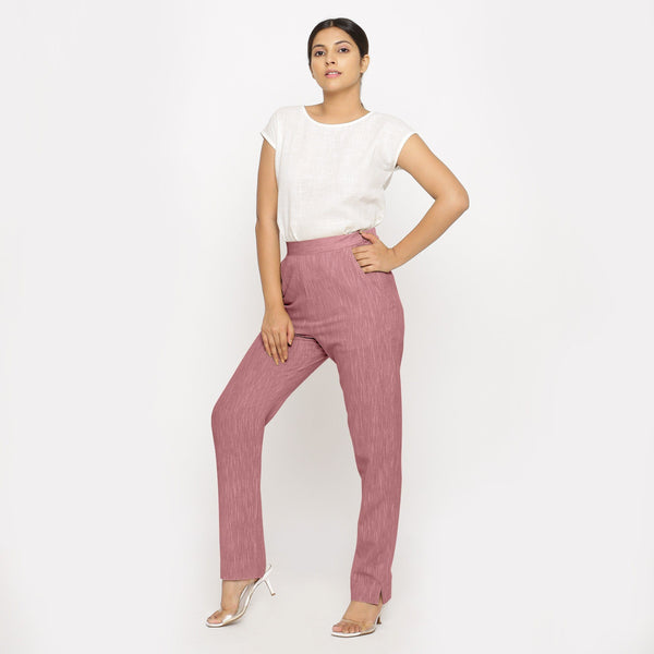 Front View of a Model wearing Purple Yarn Dyed Mid Rise Tapered Pant