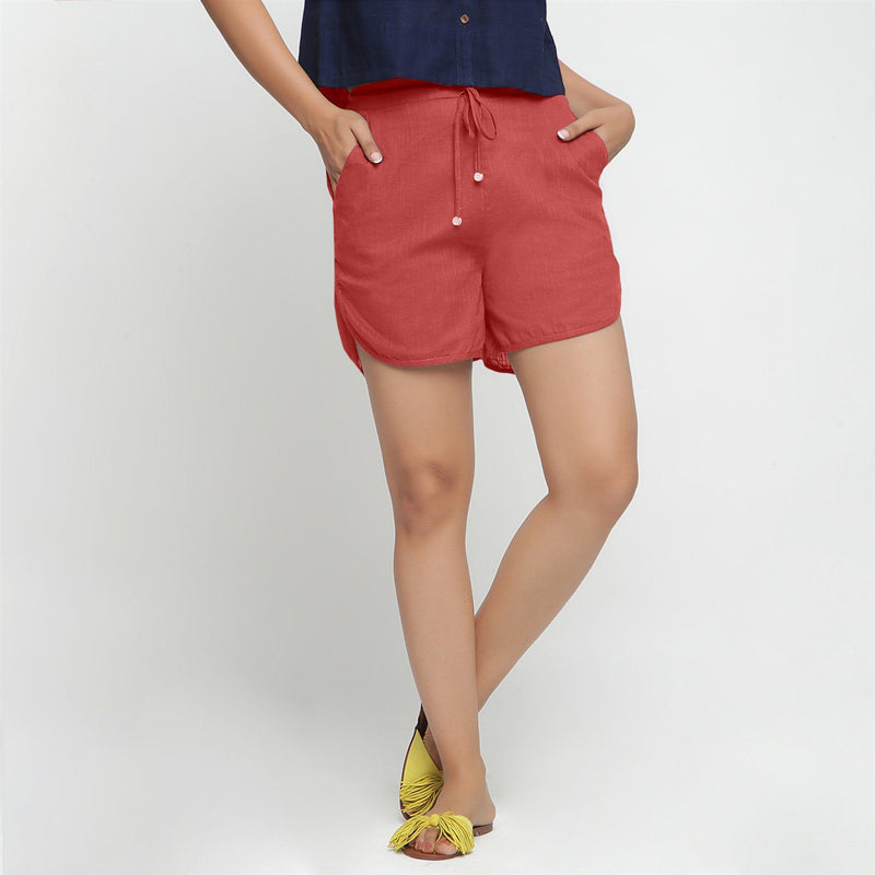 Front View of a Model wearing Red 100% Cotton Low-Rise Short Shorts