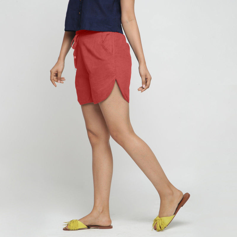 Left View of a Model wearing Red 100% Cotton Low-Rise Short Shorts