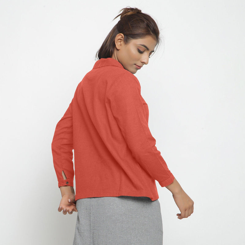 Back View of a Model wearing Red 100% Cotton Peter Pan Collar Shirt