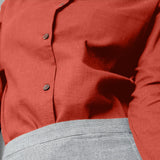 Close View of a Model wearing Red 100% Cotton Peter Pan Collar Shirt