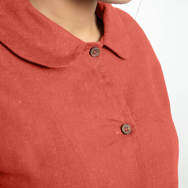 Front Detail of a Model wearing Red 100% Cotton Peter Pan Collar Shirt