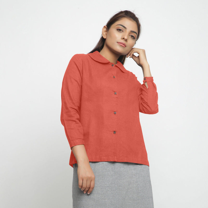 Front View of a Model wearing Red 100% Cotton Peter Pan Collar Shirt