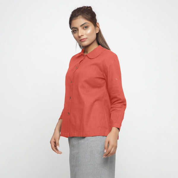 Left View of a Model wearing Red 100% Cotton Peter Pan Collar Shirt