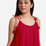 Red 100% Cotton Tie-Up Shoulder Tier Mini Dress