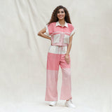 Front View of a Model wearing Red and Beige Striped 100% Cotton Mid-Rise Elasticated Straight Pant