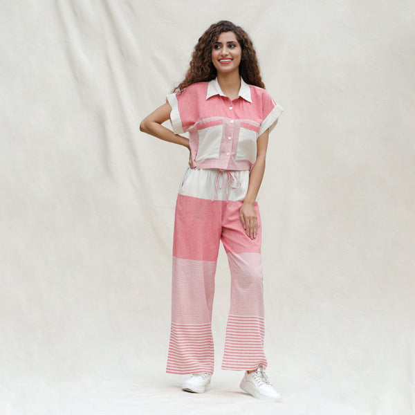 Front View of a Model wearing Red and Beige Striped 100% Cotton Mid-Rise Elasticated Straight Pant