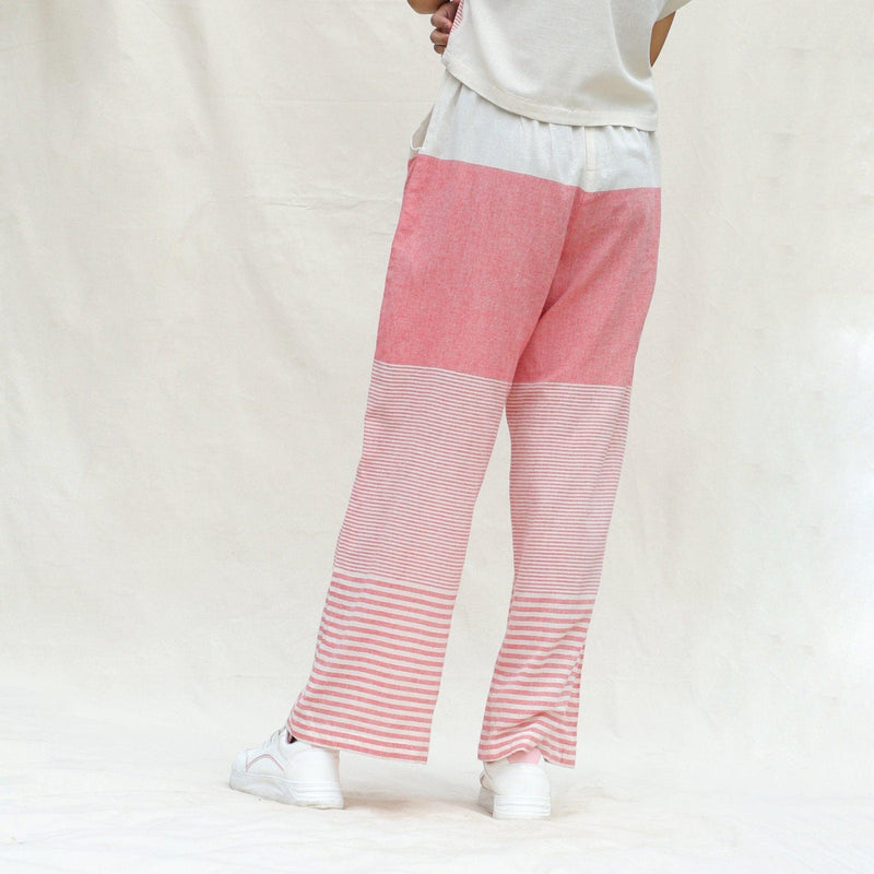 Back View of a Model wearing Red and Beige Striped 100% Cotton Mid-Rise Elasticated Straight Pant