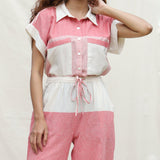Front Detail of a Model wearing Red and Beige Striped 100% Cotton Mid-Rise Elasticated Straight Pant