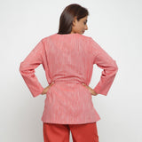 Back View of a Model wearing Red V-Neck Casual Cotton Flared Jacket