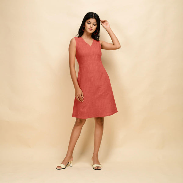Front View of a Model wearing Red Cotton Slim Fit Short Dress
