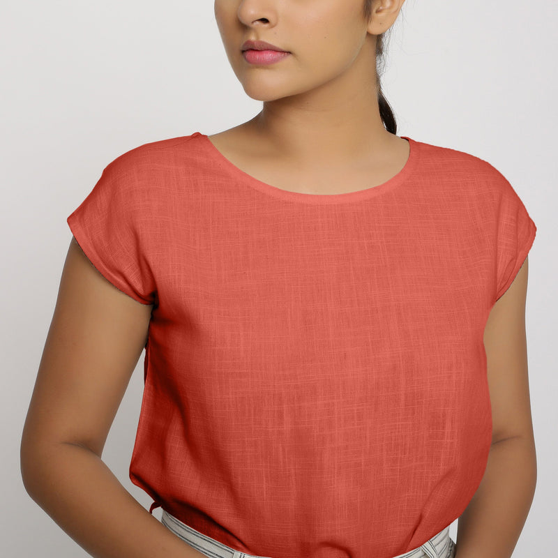 Front Detail of a Model wearing Red Cotton Slub Straight Top