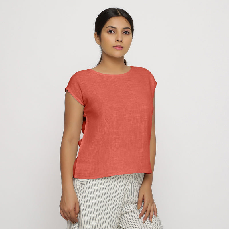 Front View of a Model wearing Red Cotton Slub Straight Top