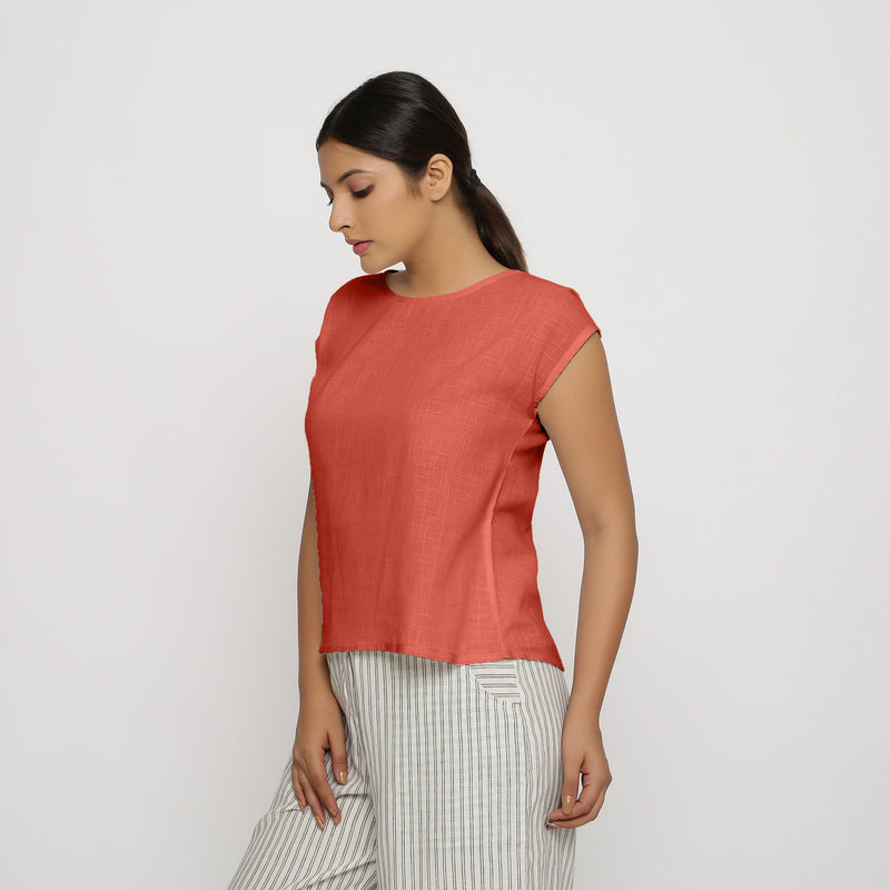 Left View of a Model wearing Red Cotton Slub Straight Top