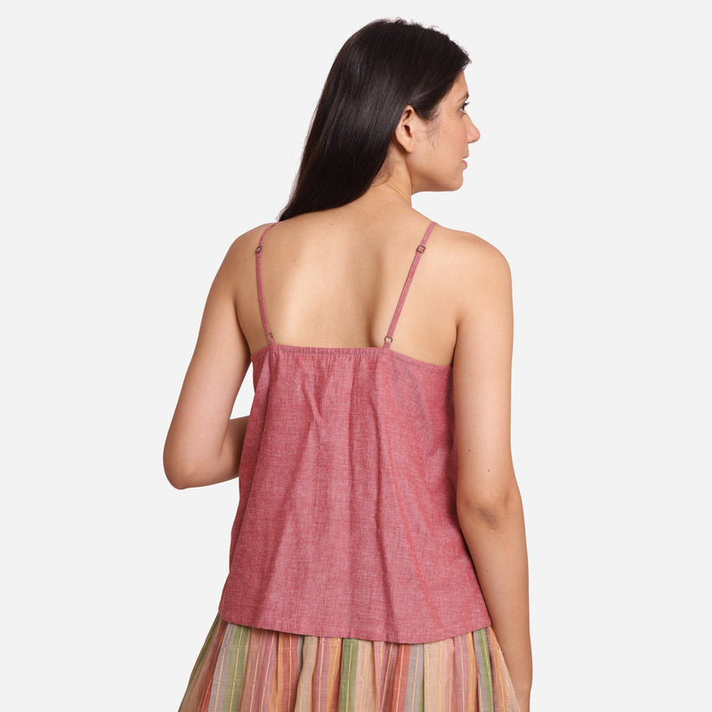 Back View of a Model wearing Red Cotton Spaghetti Flared Top
