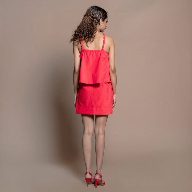 Back View of a Model wearing Red 100% Cotton Velvet High-Rise Short Skirt