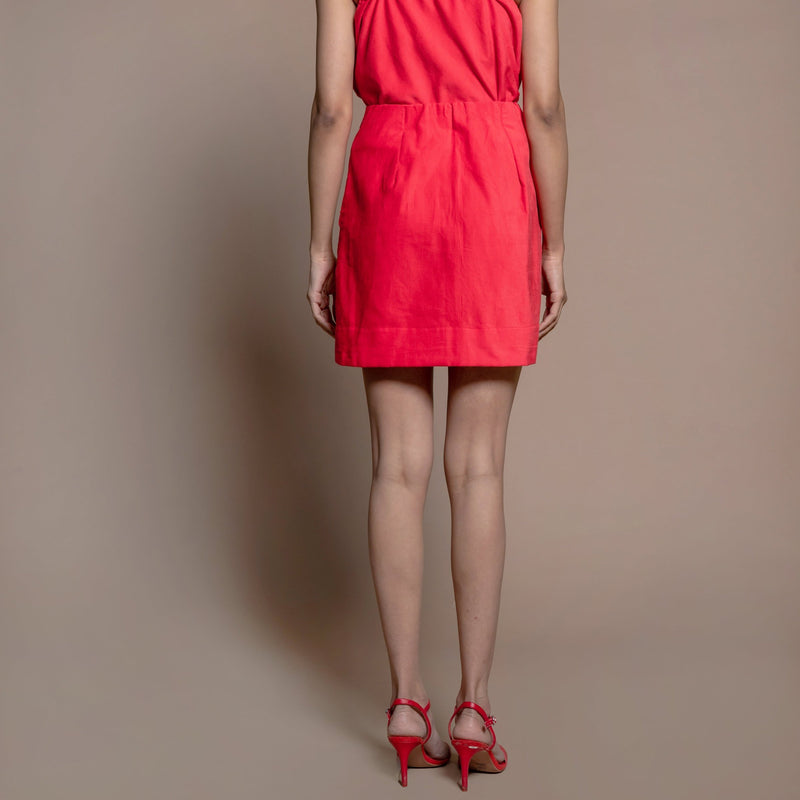 Back View of a Model wearing Red 100% Cotton Velvet High-Rise Short Skirt