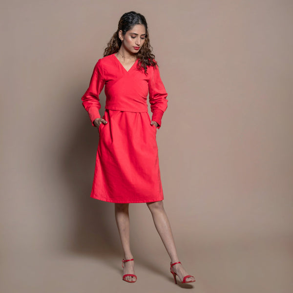 Front View of a Model wearing Red 100% Cotton Velvet Knee Length Wrap Dress