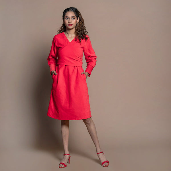 Front View of a Model wearing Red 100% Cotton Velvet Knee Length Wrap Dress