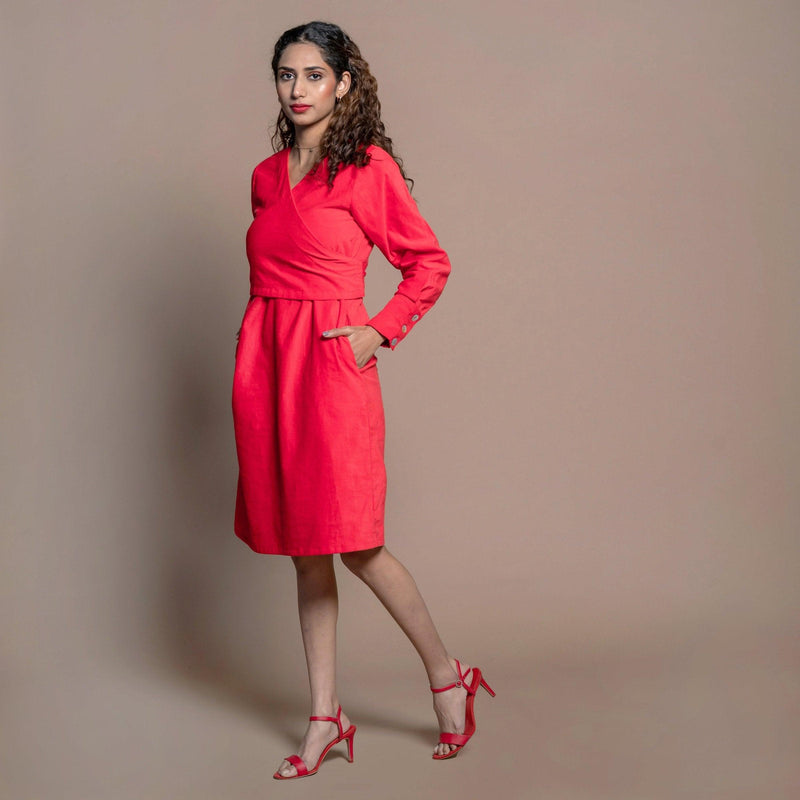 Red 100% Cotton Velvet Knee Length Wrap Dress 62" / Petite (5'1" and below) Red 100% Cotton Velvet Knee Length Wrap Dress 62" / Petite (5'1" and below)