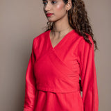 Front Detail of a Model wearing Red Cotton Velvet A-Line Wrap Dress