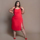 Front View of a Model wearing Red Cotton Velvet Cowl Neck Slip Dress