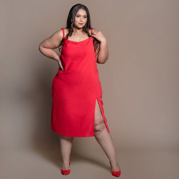 Front View of a Model wearing Red Cotton Velvet Cowl Neck Slip Dress