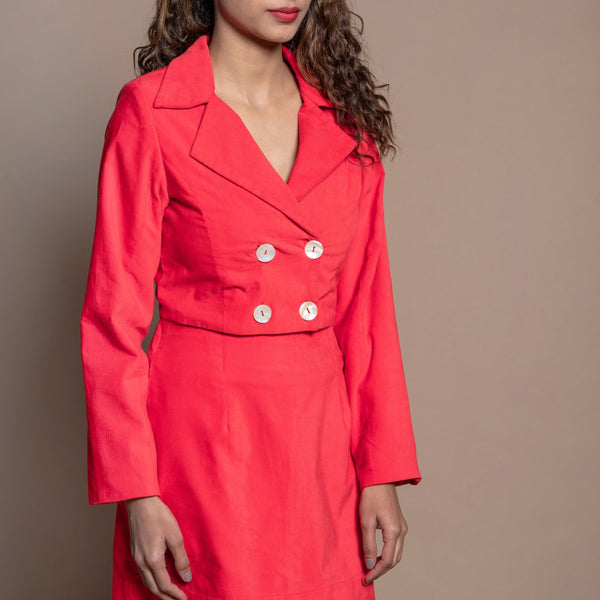 Front Detail of a Model wearing Red Warm Cotton Velvet Double-Breasted Jacket