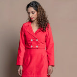 Front View of a Model wearing Red Warm Cotton Velvet Double-Breasted Jacket