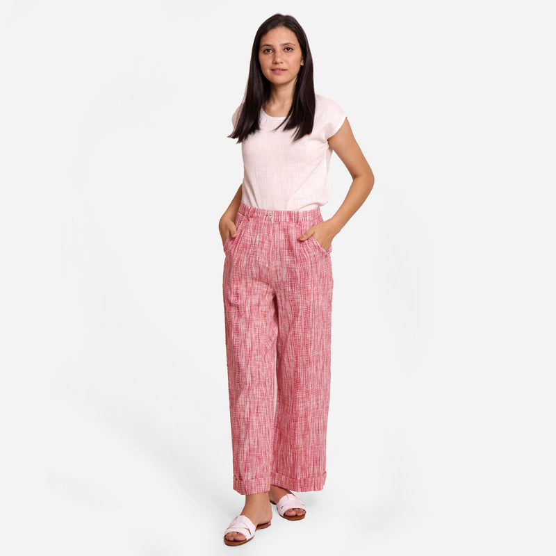Front View of a Model wearing Red Crinkled Cotton Ankle Length Pant