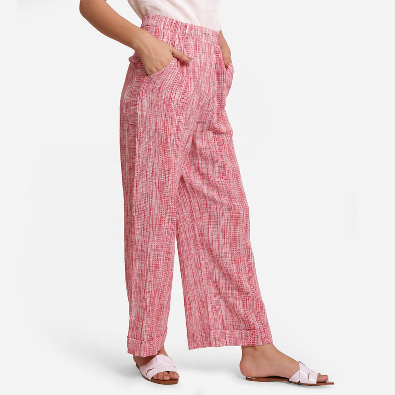 Right View of a Model wearing Red Crinkled 100% Cotton High-Rise Baggy Pant