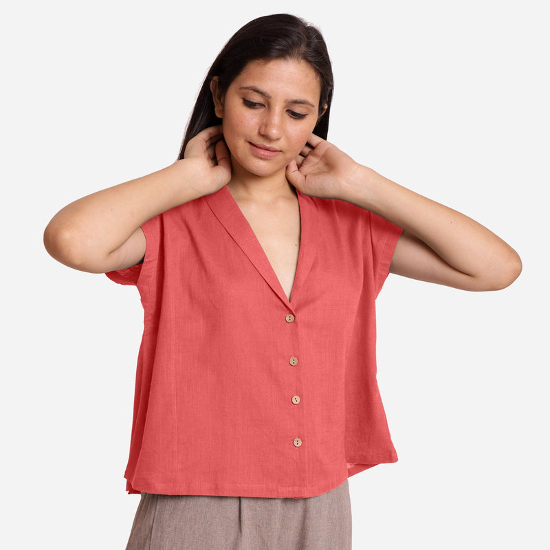 Front View of a Model wearing Red Deep Neck Button-Down Cotton Top