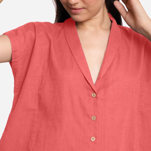 Front Detail of a Model wearing Red Deep Neck Button-Down Cotton Top