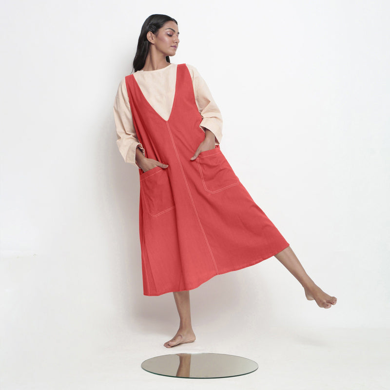 Front View of a Model wearing Red Handspun Cotton Deep Neck Shift Dress