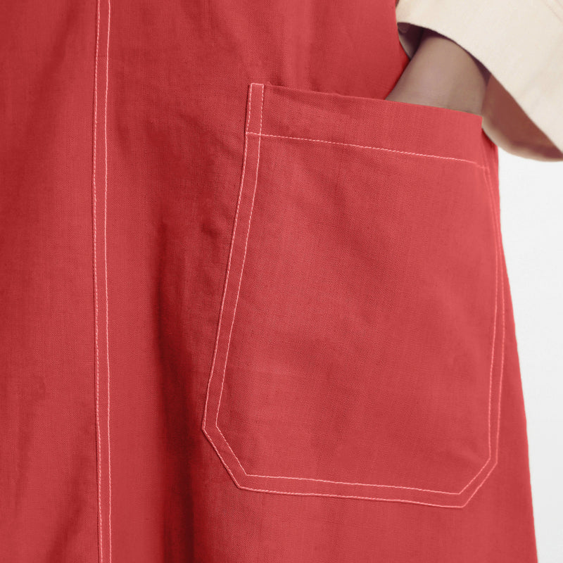 Front Detail of a Model wearing Red Handspun Cotton Deep Neck Shift Dress
