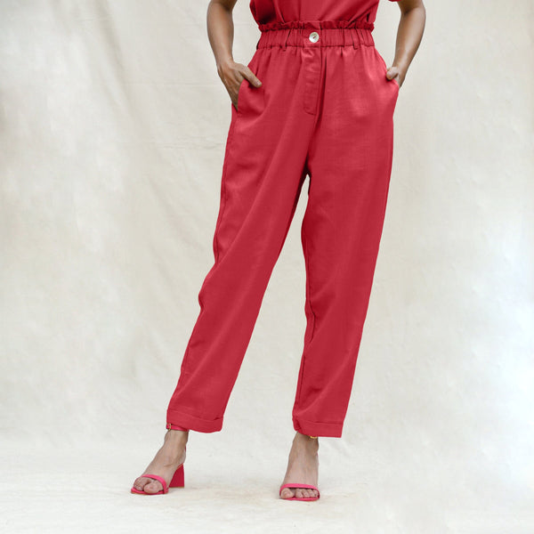Red Handspun Cotton High-Rise Elasticated Paperbag Pant