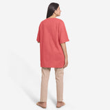 Back View of a Model wearing Red Reversible Cotton Flax Front Open Overlay