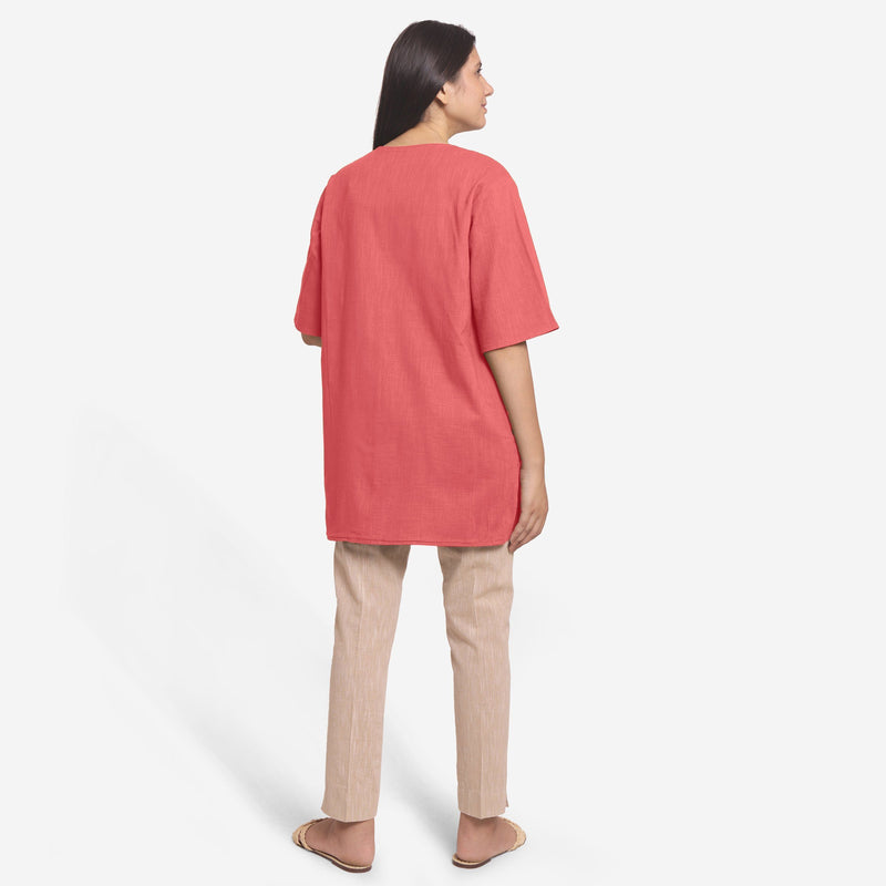 Back View of a Model wearing Red Reversible Cotton Flax Front Open Overlay