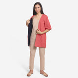 Front View of a Model wearing Red Reversible Cotton Flax Front Open Overlay