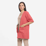 Left View of a Model wearing Red Reversible Cotton Flax Front Open Overlay