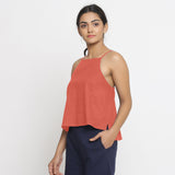 Left View of a Model wearing Red Strappy Everyday Cotton Spaghetti Top