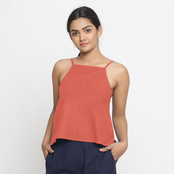 Front View of a Model wearing Red Strappy Everyday Cotton Spaghetti Top