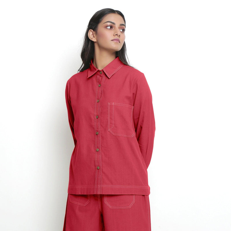 Front View of a Model wearing Red Vegetable Dyed Handspun Cotton Button-Down Top