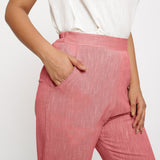 Front Detail of a Model wearing Red Yarn Dyed Mid Rise Tapered Pant
