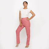 Front View of a Model wearing Red Yarn Dyed Mid Rise Tapered Pant