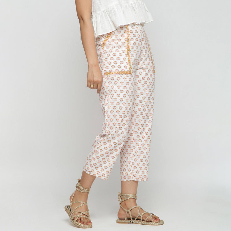 Right View of a Model wearing Hand-Block Printed Floral Straight Pant